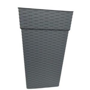 Vaso  Quadrado  Coluna  Rattan  Médio  Cinza - 17,5 Litros