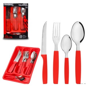 Jogo De  Talheres Color 25 Peças   Com Porta Talheres - Vermelho