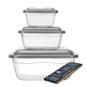 Conjunto 3 Potes Quadrado 240/ 500/1,5 Litros  Transparente  Com  Tampa Colorida  Plastificado