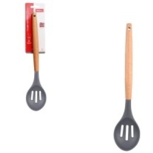 Colher  Perfurada Silicone  Cabo de Madeira  Grafite  31 Cm