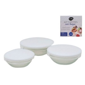 Kit 3 Peças Pote  Redondo Vidro com  Tampa Plastica